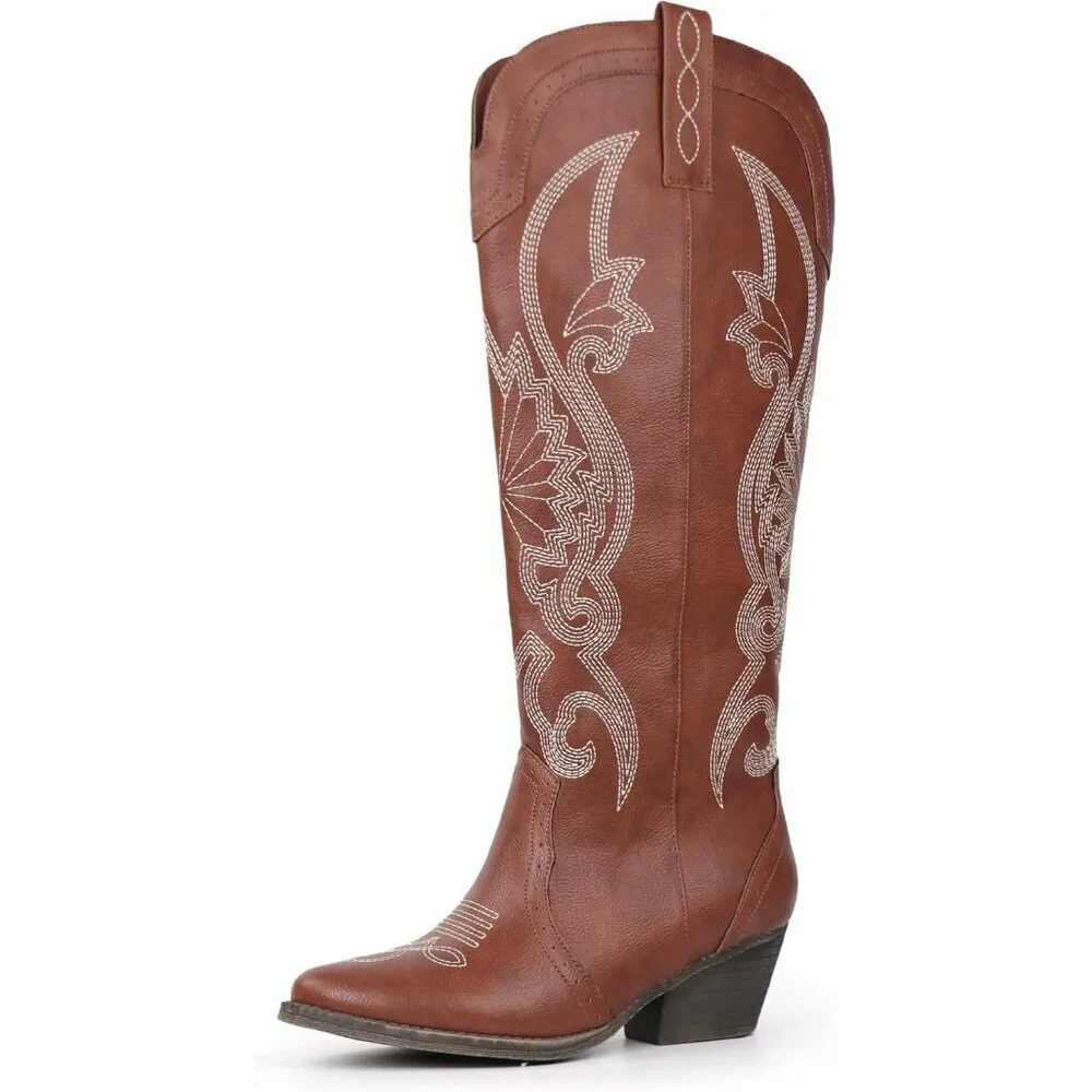 Women's Brown Faux Leather Pointed Toe and Block Heel Classic Embroidered Boot